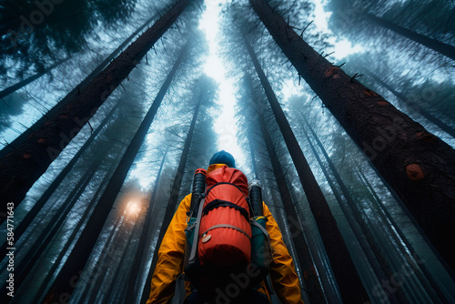 Rear view of a hiker with a backpack in the middle of a lush forest of tall trees, contemplating the immensity of nature. Respect for the environment. Generative AI