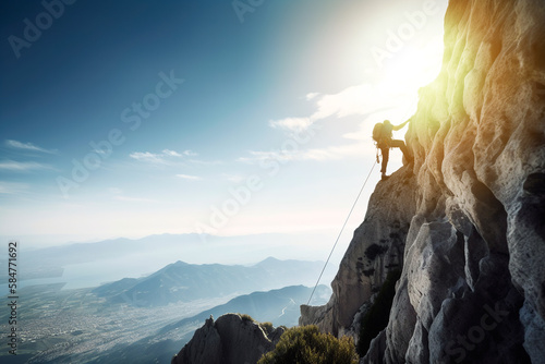 View of a climber, climbing a huge mountain with the city and the sea in the background. Extreme sports of risk and adventure. Generative AI photo