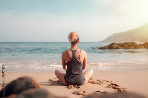 Rear view of a blonde girl with her hair up, sitting on the beach and contemplating the sea, performing relaxation and wellness exercises. Generative AI