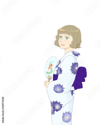 Woman in yukata with a paper fan (color)