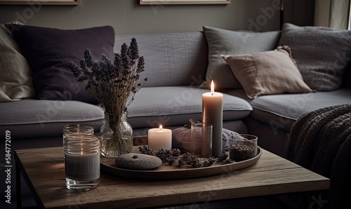 A coffee table  a sofa with a gray bedspread  scented candles and a bouquet of dried lavender  generative AI