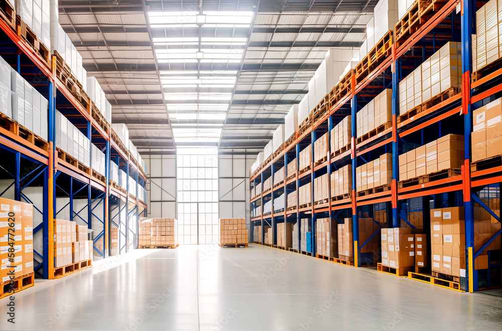 A large, spacious, modern warehouse of goods. Generative AI. A large, spacious, modern warehouse of goods. Generative AI.