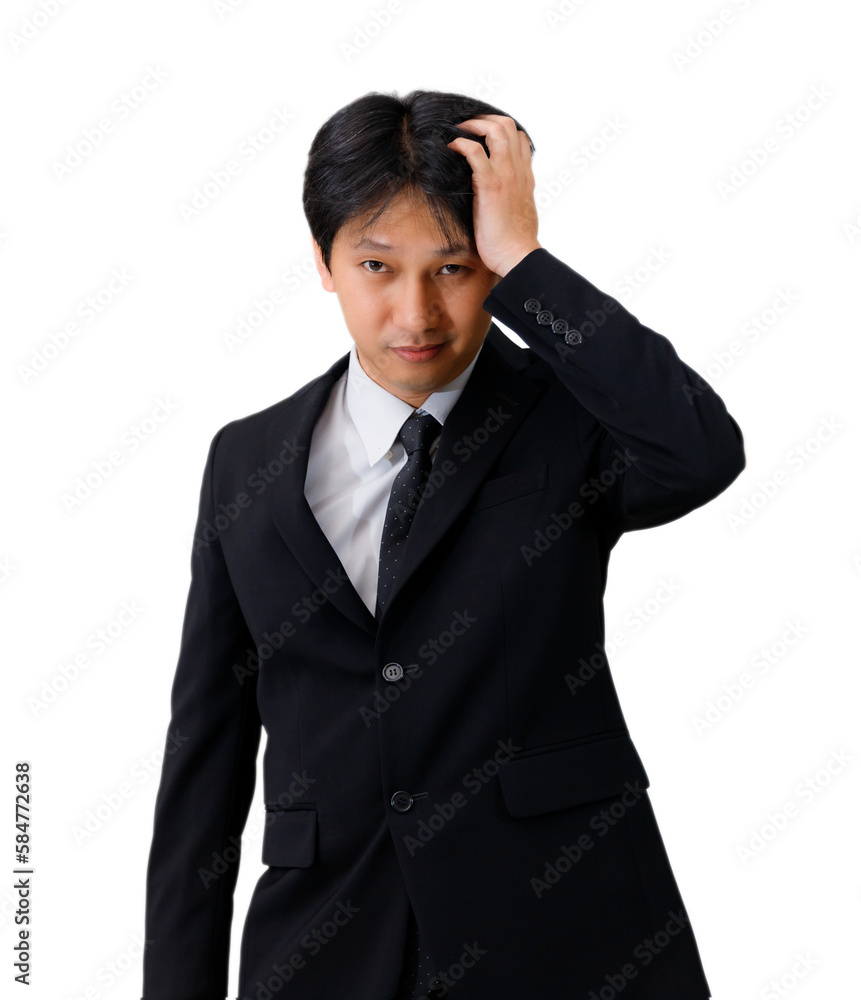 Asian businessman holding his head and making a confused face Asian businessman holding his head and making a confused face