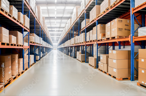 Rows of a modern large warehouse of goods. Generative AI. © Sergiy