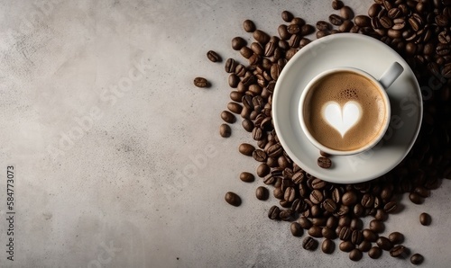 Coffee cappuccino with heart shape and white cup on cream colored background, generative AI