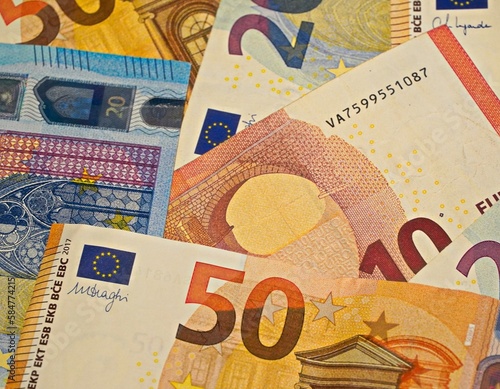 Closeup of weathered Euro bills.  Money, banking concept, cash bills.