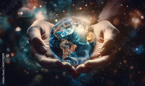 Hands holding earth global over blurred abstract nature background, generative AI