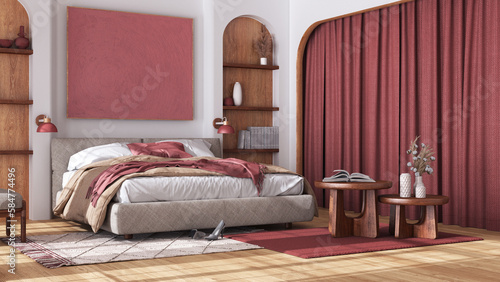 Wooden bedroom in japandi style with arched door and parquet floor. Double master bed  carpet  shelves and table in white and red tones. Contemporary interior design