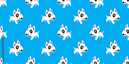 Vector cartoon character bull terrier dog seamless pattern background for design.