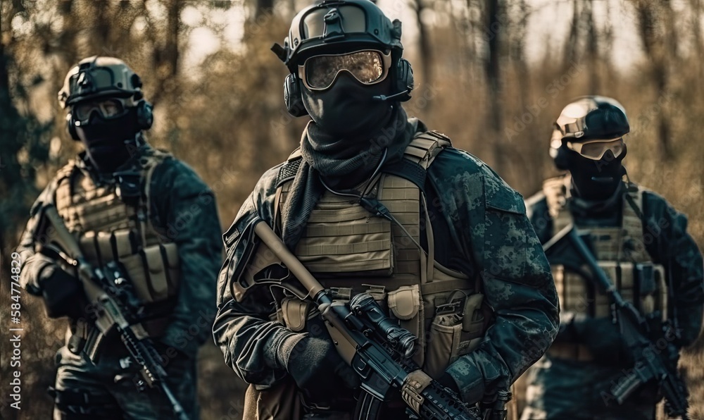 Special Forces Military Unit in Full Tactical Gear, Wartime, generative AI