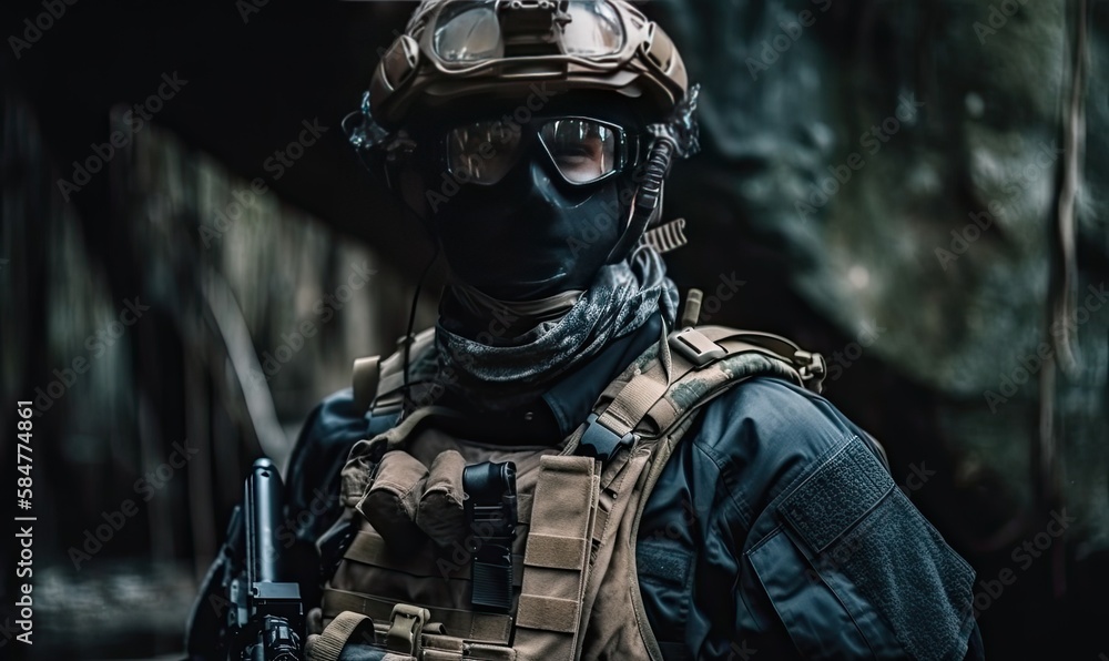 Special Forces Military Unit in Full Tactical Gear, Wartime, generative AI Special Forces Military Unit in Full Tactical Gear, Wartime, generative AI