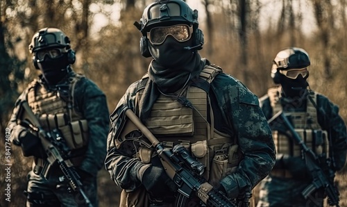 Special Forces Military Unit in Full Tactical Gear, Wartime, generative AI photo