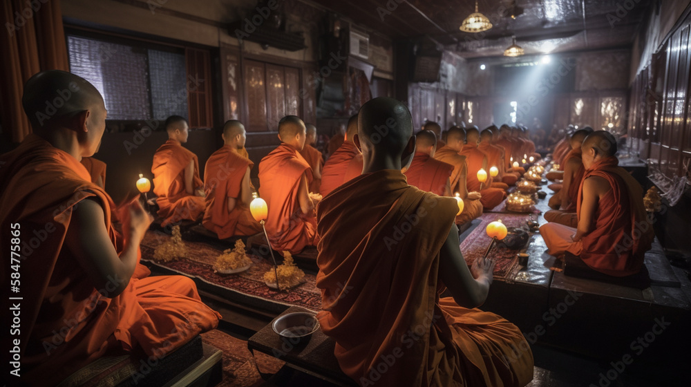 A group of monks sit in a temple with a light shining on them, Generative Ai