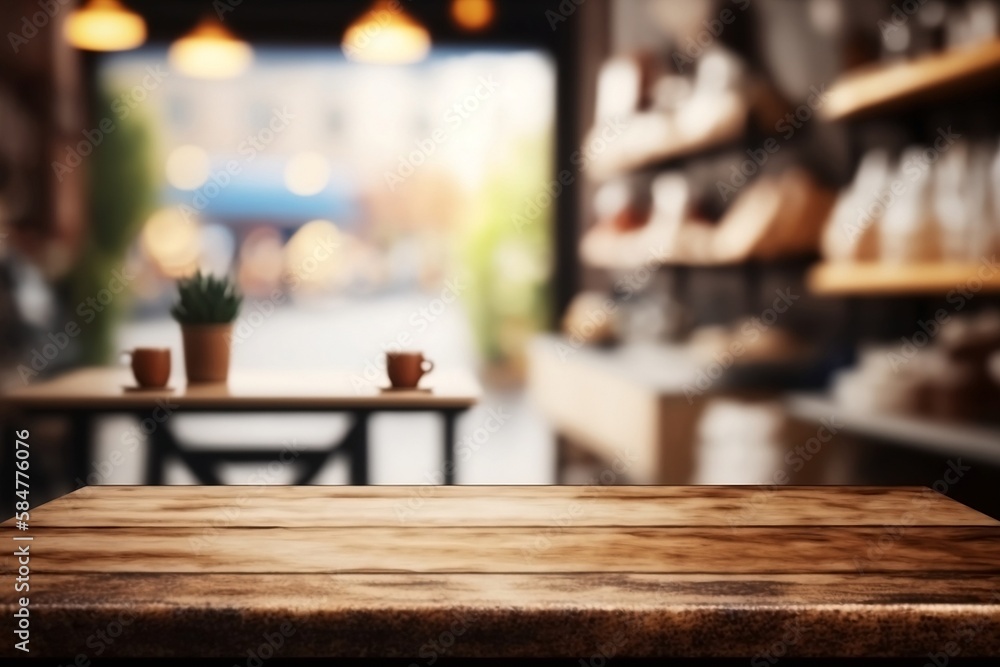 Empty Wooden Table in Restaurant or Cafe with Bokeh Background. Product Mockup