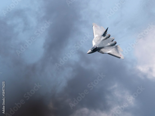 Moscow Russia Zhukovsky Airfield 25 July 2021: Demonstration of the latest Russian SU-57 fighterof the international aerospace salon MAKS-2021