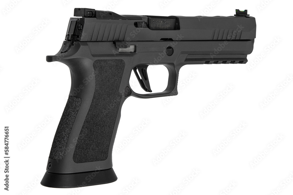 Modern semi-automatic pistol isolate on a white background. Armament for the army and police. Short-barreled weapon Modern semi-automatic pistol isolate on a white background. Armament for the army and police. Short-barreled weapon
