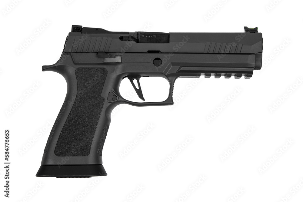 Modern semi-automatic pistol isolate on a white background. Armament for the army and police. Short-barreled weapon Modern semi-automatic pistol isolate on a white background. Armament for the army and police. Short-barreled weapon