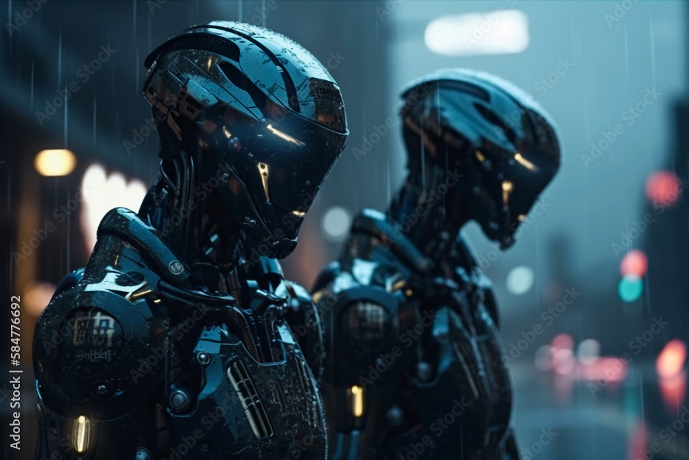 illustration of two futuristic police bots on the street in a big city in the rain, created with generative ai illustration of two futuristic police bots on the street in a big city in the rain, created with generative ai