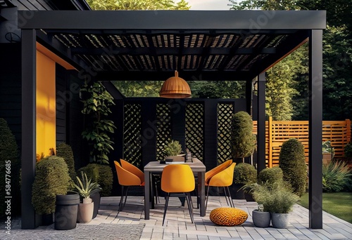 Fototapete Modern patio furniture include a pergola shade structure, an awning, a patio roof, a dining table, seats, and a metal grill