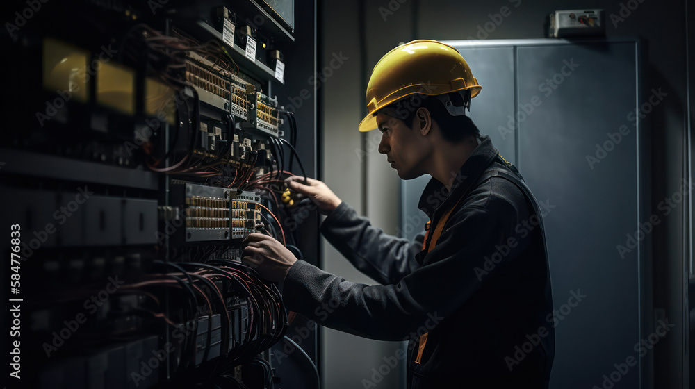 Electrician fixes a malfunction in the electrical panel . generative AI Electrician fixes a malfunction in the electrical panel . generative AI