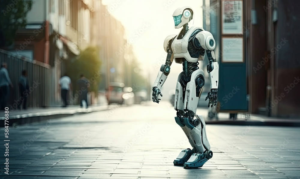 Obraz premium Android robot walk on a street, generative AI
