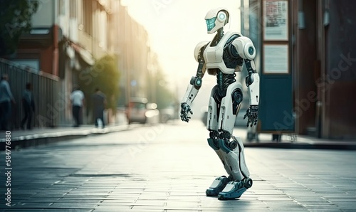 Android robot walk on a street, generative AI
