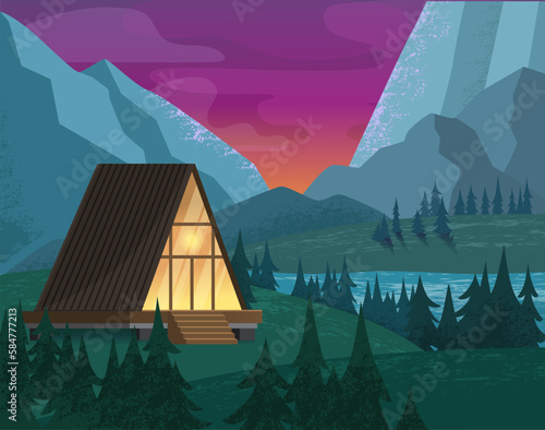 Tiny house in mountains on a lake. Summer travel vector. Modern cozy home triangular cabin in the forest. Evening nature landscape. Wild eco tourism camping glamping adventure. Travel illustration.