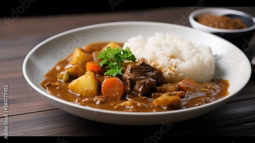 Plate of beef stew and rice. generative AI