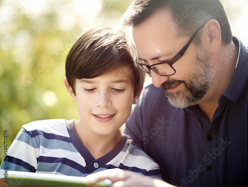 Close-up portrait of caucasian father and pre-teen son sitting outdoors,  looking at an iPad tablet and smiling.  Illustration created with Generative AI technology.