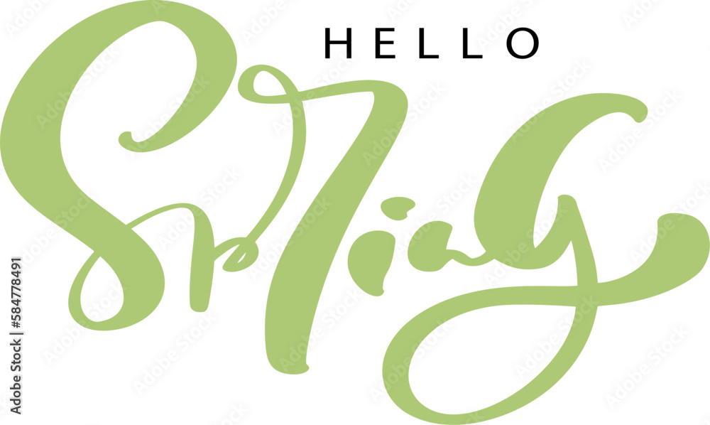 Hand drawn vector green text Hello spring. Motivational and inspirational season quote. Calligraphic card, mug, photo overlays, t-shirt print, flyer, poster design Hand drawn vector green text Hello spring. Motivational and inspirational season quote. Calligraphic card, mug, photo overlays, t-shirt print, flyer, poster design