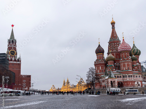 MOSCOW - January 27: The Saint Basil's Resurrection Cathedral tops on the Moscow on January 27, 2022 in Moscow, Russia
