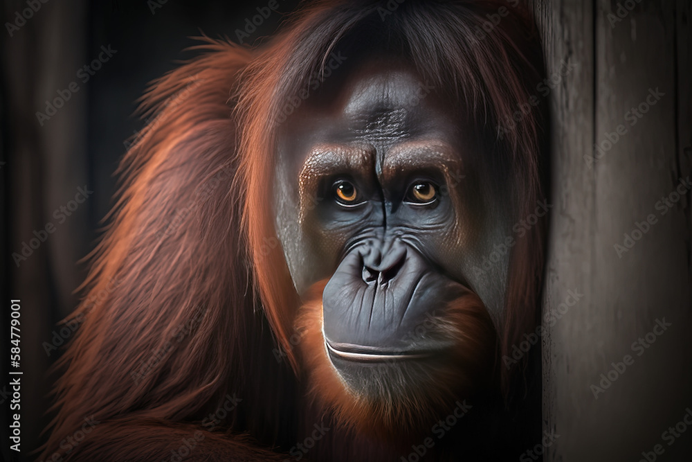Orangutan portrait in zoo. Ai generated.