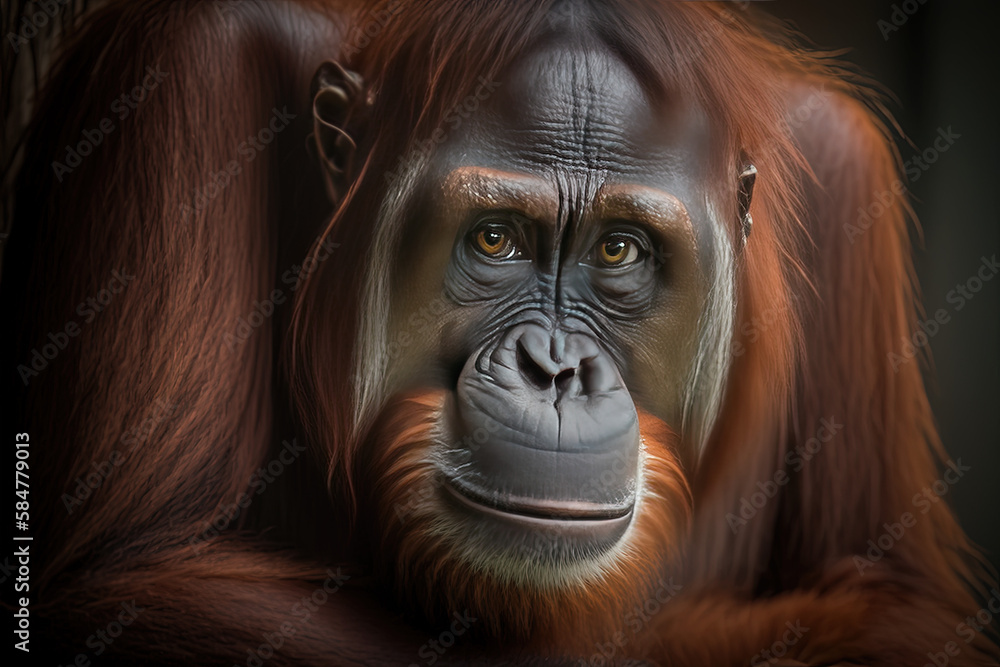 Orangutan portrait in zoo. Ai generated.