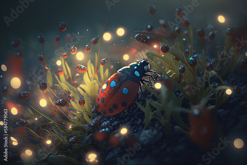 Open ground with a lot of ladybugs in twilight illumination. Ai generated.