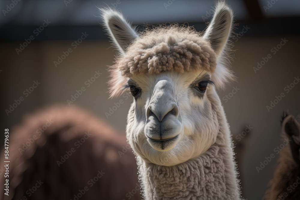 Portrait of lama in zoo. AI generated. 