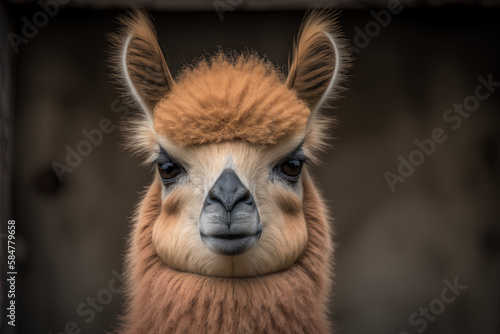 Portrait of lama in zoo. AI generated. 