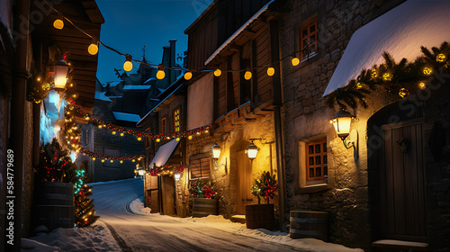 Fototapeta Naklejka Na Ścianę i Meble -  Evening lights on the street of the old town . Generative AI