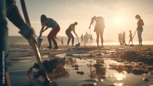 Group of eco volunteers picking up plastic trash on the beach - Activist people collecting garbage protecting the planet  Ocean pollution  environmental conservation and ecology concept  GENERATIVE AI