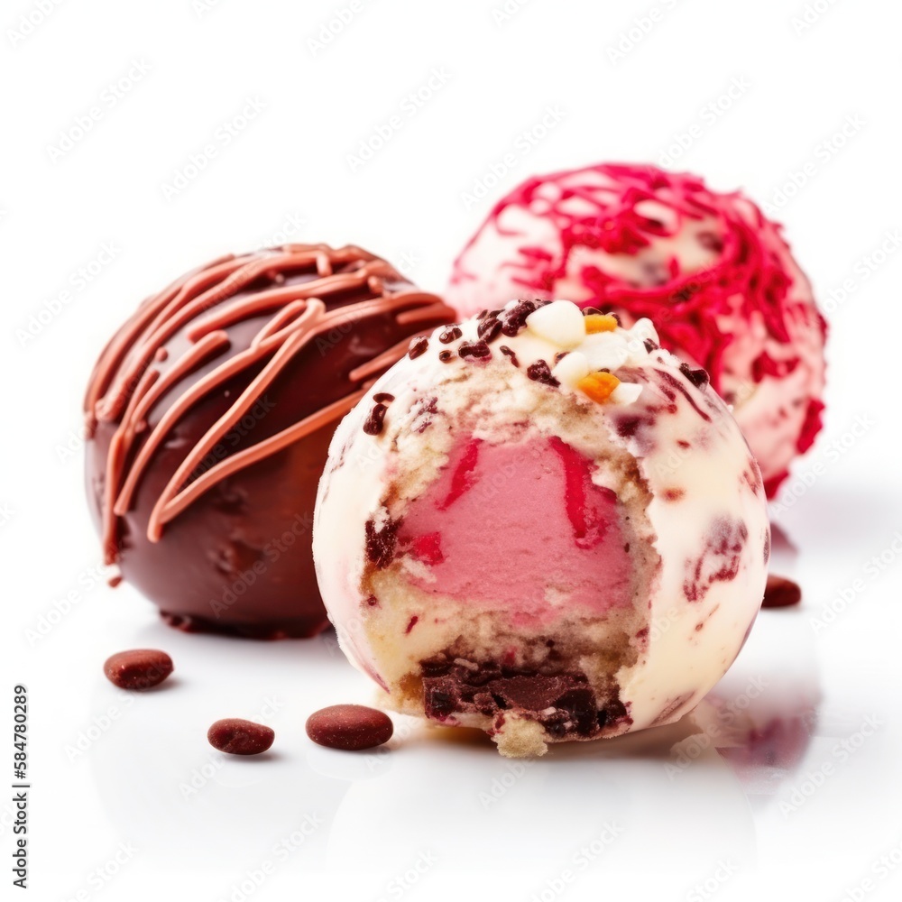Three chocolate and pink ice cream balls with chocolate drizzle and sprinkles. One of the balls has been bitten into Three chocolate and pink ice cream balls with chocolate drizzle and sprinkles. One of the balls has been bitten into