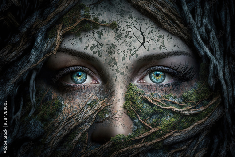Dark spooky old forest and beautiful witch with black spooky eyes. Ai generated. 