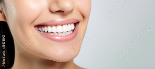 Dental care, beautiful smile of healthy woman, white teeth coloseup, dentist tooth whitening, generative ai