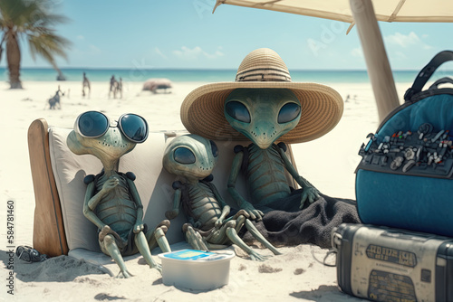 Aliens on vacation. On the beach. Ai generated. photo
