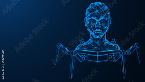 Mechanical six-legged robot with artificial intelligence. Polygonal design. Blue background.