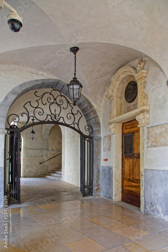 LYON, FRANCE, March 12, 2023 : The cloister of ancient hospital Hotel-Dieu, now renewed as a commercial and art center.