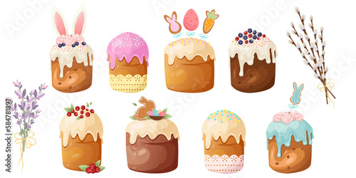 Easter cake set with lavender and willow. Easter cakes with icing decorated with confectionery sweets. Flat vector illustration