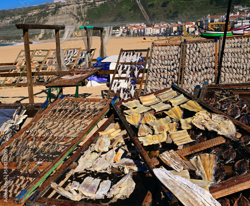 Fish Drying on Sun at the Beach of Nazare, Portugal