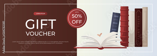 Promo gift voucher banner reading open huge book with heart, reading stack of books. World book day. Bookstore, bookshop, library, book lover, bibliophile, education. Vector for poster, cover