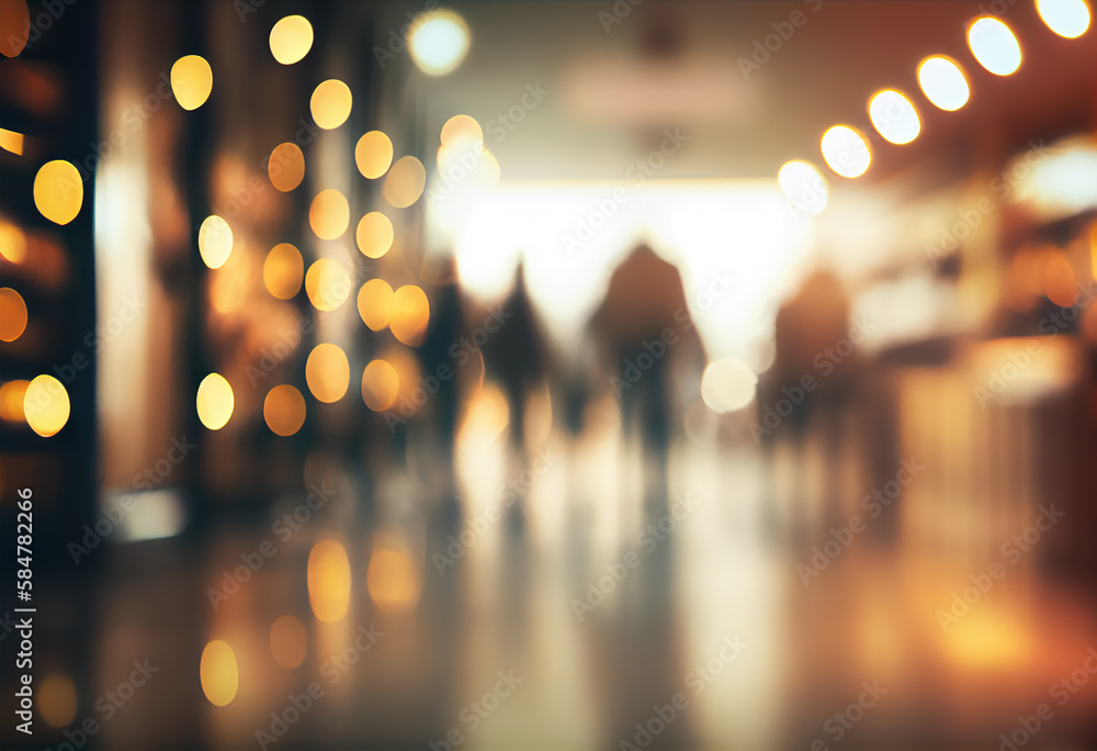 Warm light. Blur light background at shop in mall for business background, blurry abstract bokeh at interior hallway. Generative ai. Warm light. Blur light background at shop in mall for business background, blurry abstract bokeh at interior hallway. Generative ai.