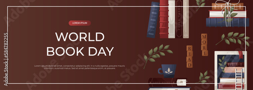 Promo banner with stack of books, globe, inkwell quill, plant, lantern, ebook. World book day. Bookstore, bookshop, library, book lover, bibliophile, education. Vector for poster, cover, advertising