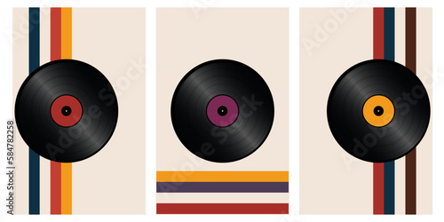Vector set of retro posters with color lines and vinyl record.Abstract background in trendy 1970s style.